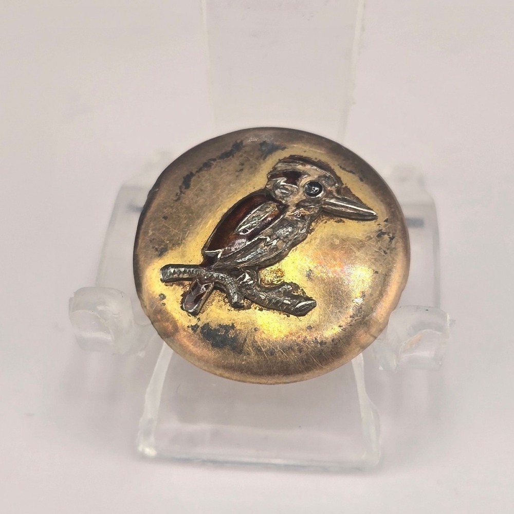 Vintage Estate Kingfisher Bird Brooch Kookaburra Silver Lined Round Small 0.75in